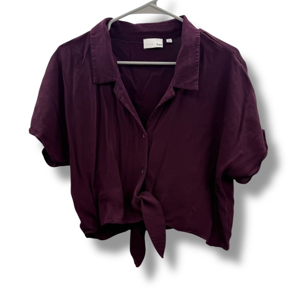 Wilfred Free Aritzia Tie Front Crop Top Large Burgundy Purple Short Sleeve Rayon
